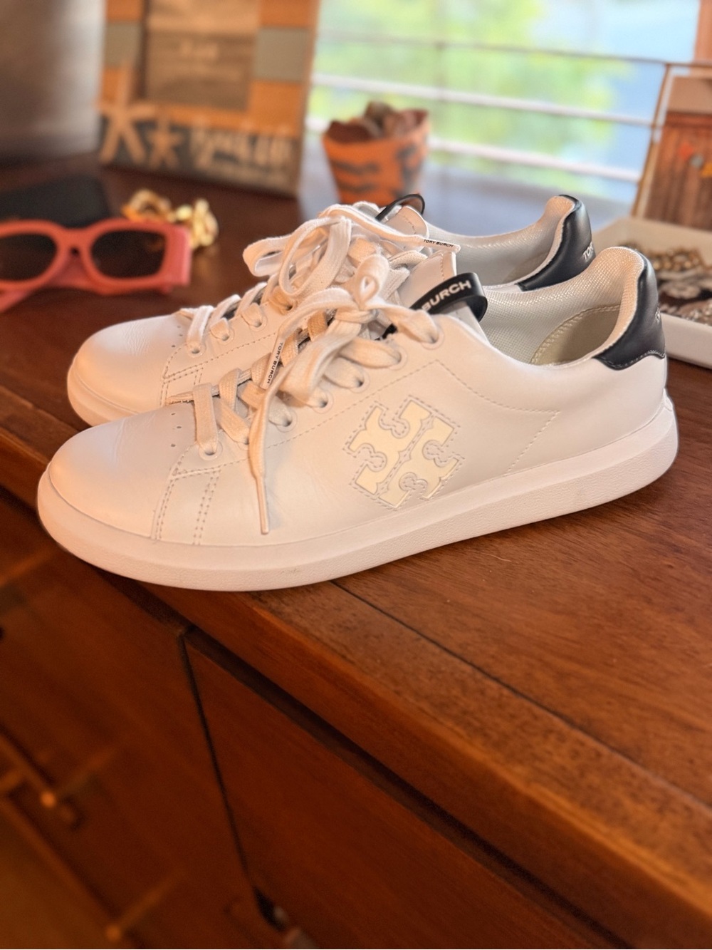 Tory Burch White Leather Sneakers with Black Heel Accent - Picture 4 of 10